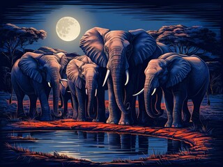 African Elephants drinking at a waterhole in the bush under a full moon