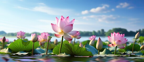 Lotus buds blossoming into beautiful flowers in a serene pond with copy space image