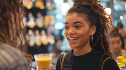 A brand ambassador interacts with customers at a promotional event, embodying the company's values and building brand loyalty through personal connections.