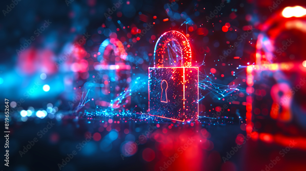 Aufkleber Digital padlock with glowing edges on a dynamic abstract background, embodies cybersecurity concept. Generative AI