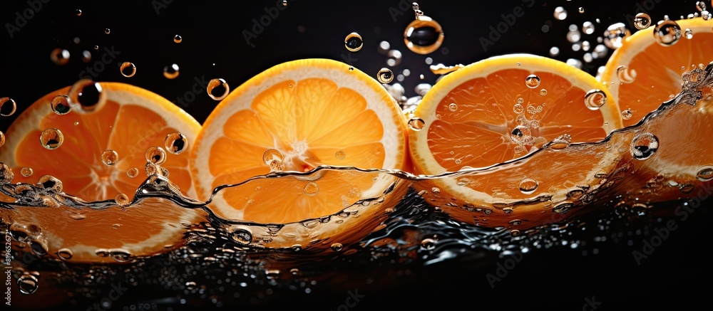 Sticker Orange fruit juice with water drops on a black background featuring copy space image