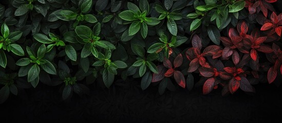 Top view of a picturesque bush with green and red leaves against a dark backdrop ideal for a copy space image