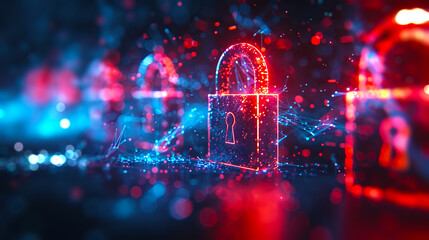 Digital padlock with glowing edges on a dynamic abstract background, embodies cybersecurity concept. Generative AI