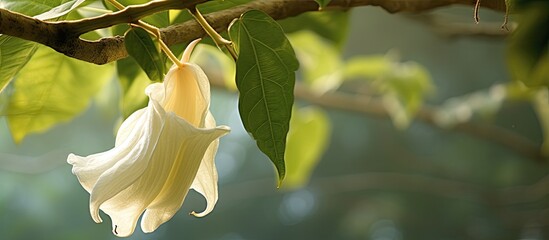 A stunning large datura flower hanging gracefully from a tree creating a picturesque scene with...