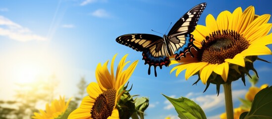 Butterfly perched on a vibrant sunflower with a stunning background providing ample copy space image for a nature themed design - Powered by Adobe