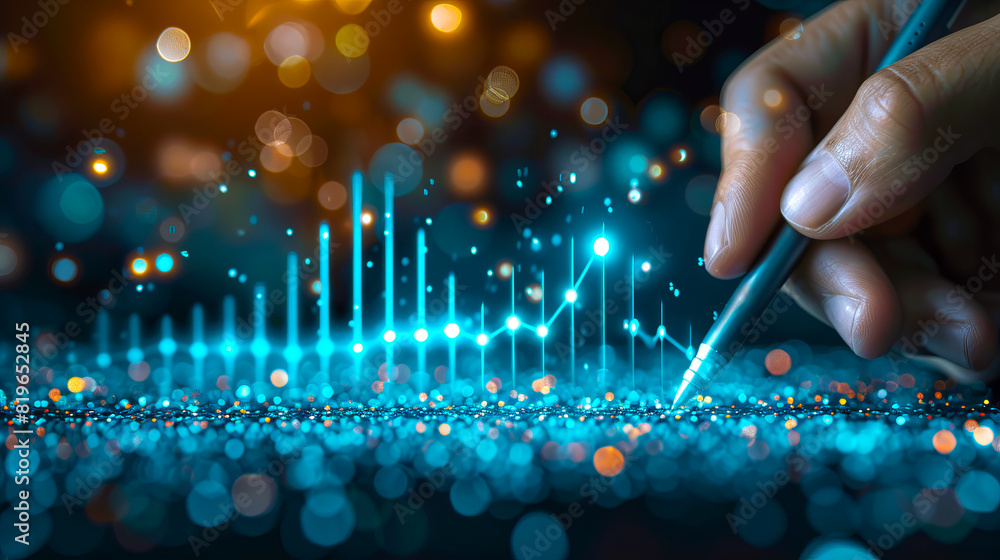 Aufkleber Hand interacting with glowing digital graph on a dark bokeh background, illustrating data analysis concept. Generative AI