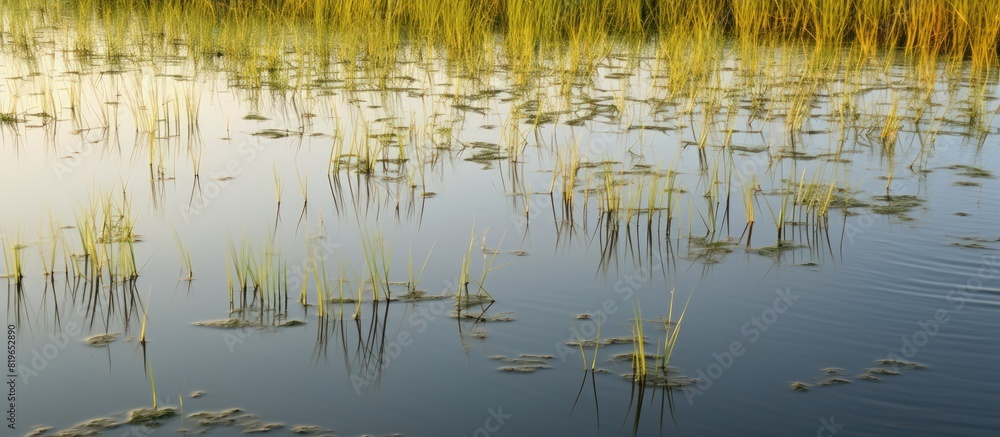 Aufkleber field with excess water creating a reflective surface suitable for a copy space image
