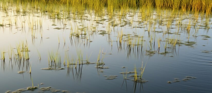 Field with excess water creating a reflective surface suitable for a copy space image
