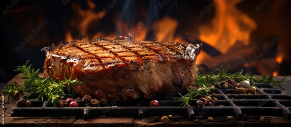 Poster a succulent pork steak sizzling on the grill with a beautiful charred crust eager to be devoured set