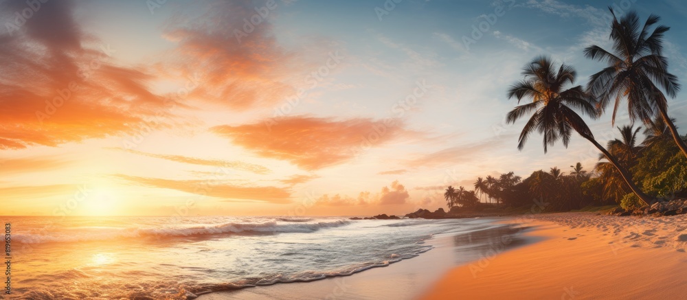 Poster sunset on a tropical beach with an inviting atmosphere and a beautiful sky making it a perfect setti