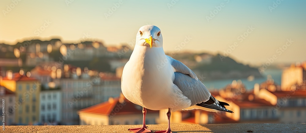 Poster a seagull in porto is shown up close with a soft background and shallow depth of field in the copy s
