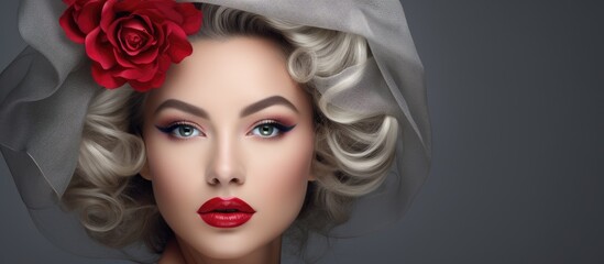Lovely woman with a large flower wreath and veil styled hair and makeup featuring dark red lip color in a new close up portrait with gray background for horizontal banner with copy space image