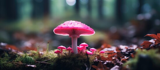A vibrant pink mushroom stands out by itself in the forest creating a captivating copy space image