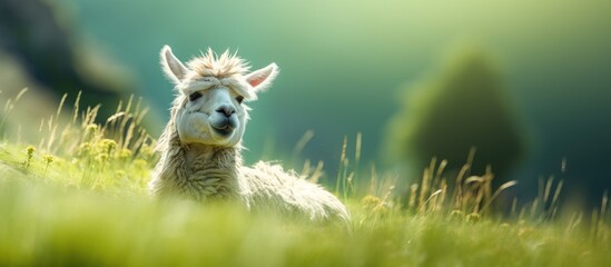 Obraz premium A peaceful lama rests contentedly amid lush green grass with a serene expression on its face inviting viewers to admire the tranquil scene in a copy space image