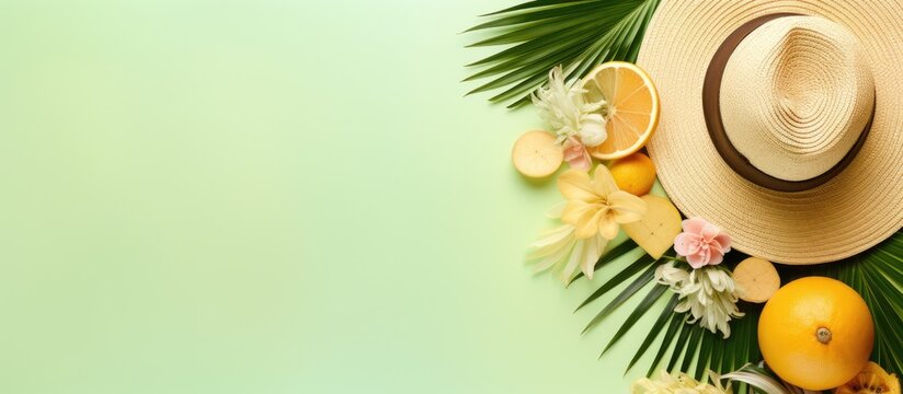Summer themed arrangement featuring tropical elements like fruits a hat palm leaves and seashells on a soft yellow backdrop Top down view with room for text or images. Copy space image