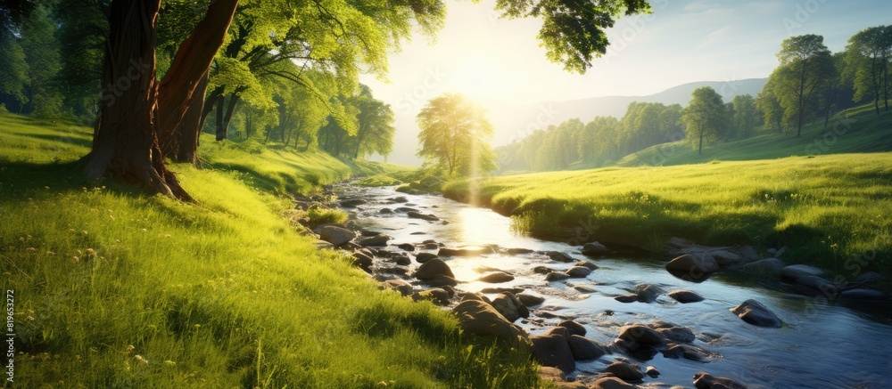 Poster scenic meadow with a tranquil brook and sunlight filtering through the trees perfect for a copy spac