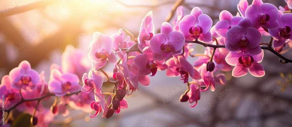Poster orchid flowers blooming gracefully on the tree with an unobscured view. copy space image. place for 