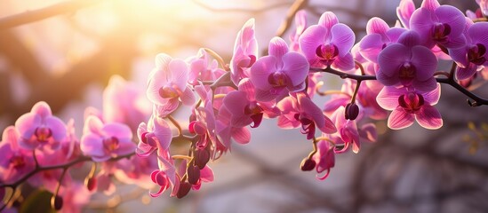 Orchid flowers blooming gracefully on the tree with an unobscured view. Copy space image. Place for adding text and design