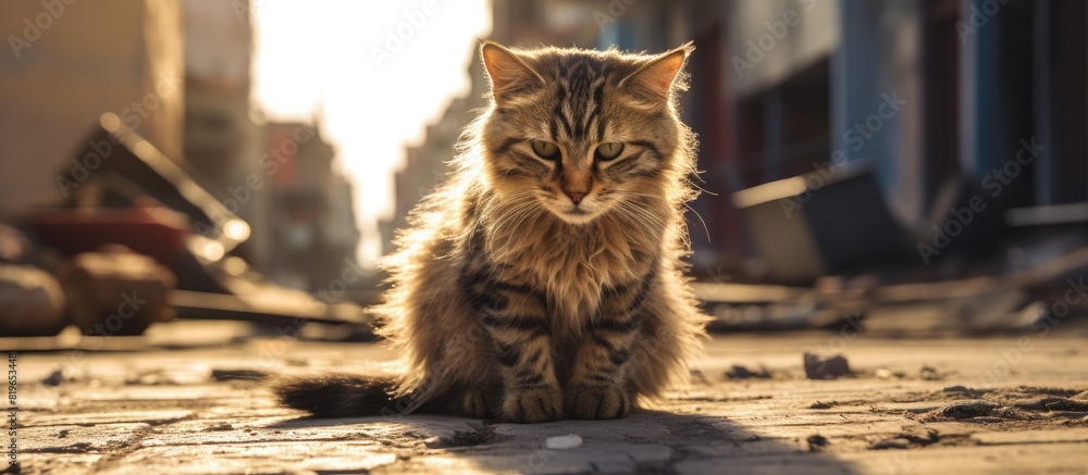 Poster stray cat on the pavement with copy space image