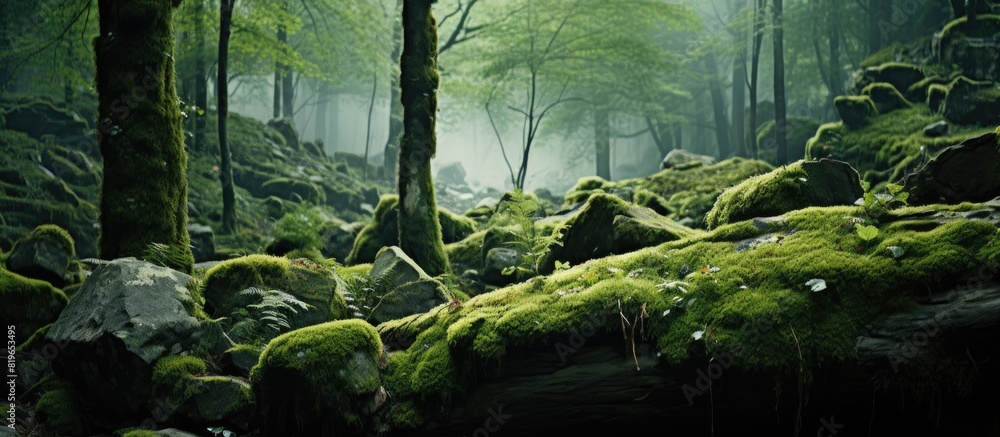 Poster primeval forest setting with trees and mossy rocks ideal for a copy space image