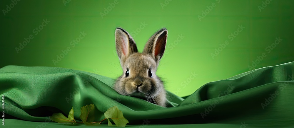 Poster adorable baby bunny playing on a green cloth backdrop in a studio setting with copy space image
