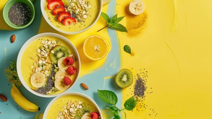 Four bowls of oatmeal topped with fruit and nuts displayed on a table, showcasing a delicious and...