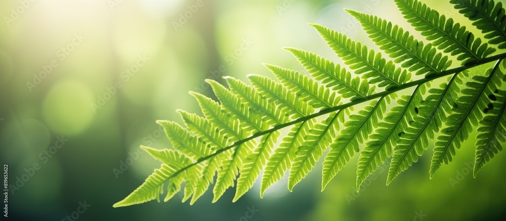 Poster fresh green fern leaf close up in sunlight creating a natural rainforest background with copy space 