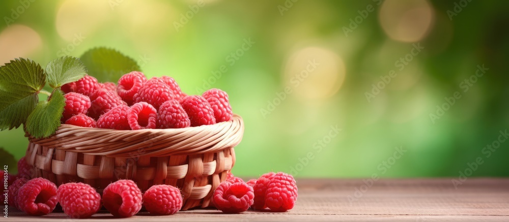 Aufkleber ripe raspberries arranged in a basket on a wooden table in a garden with a rustic backdrop perfect f