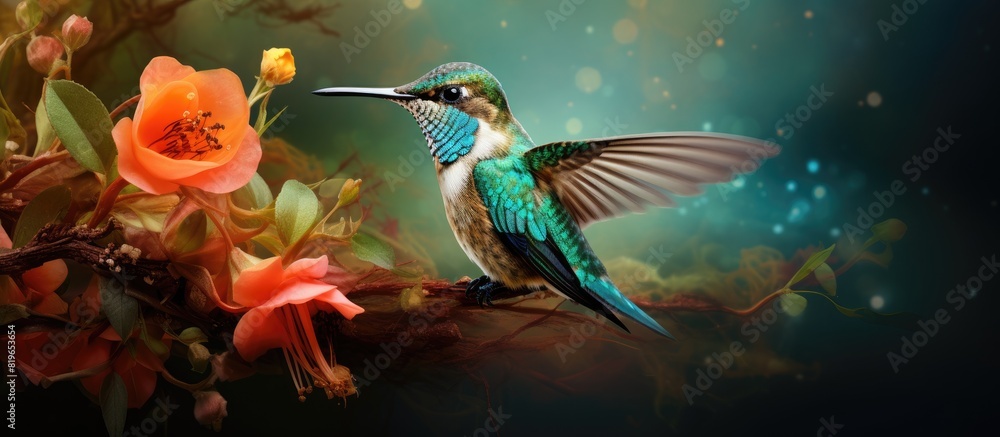 Poster hummingbird perched elegantly in a nest with beautiful flowers around it a captivating scene depicte