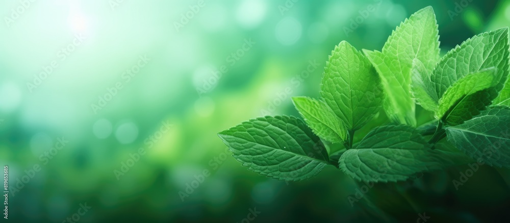 Poster abstract green mint leaf background with blurred leaves and circular bokeh ideal as a backdrop for w