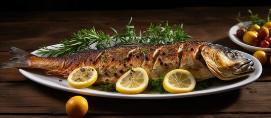 Grilled trout on a white plate with herbs and lemon presenting a delectable dish against a rustic background with copy space image