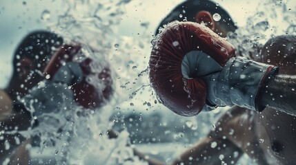 Two men are boxing in a ring with water splashing around them