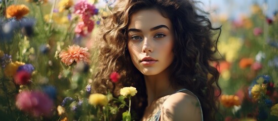 Stunning girl s portrait against a backdrop of a lush green field filled with colorful flowers perfect for a copy space image