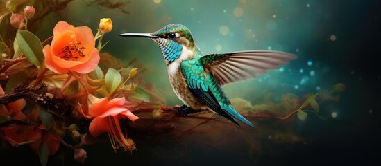 Fototapeta premium Hummingbird perched elegantly in a nest with beautiful flowers around it a captivating scene depicted in a copy space image