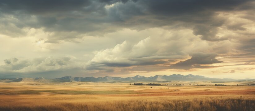 Vintage square photo of a country landscape under a cloudy morning sky before a storm offering a nostalgic feel with a charming copy space image