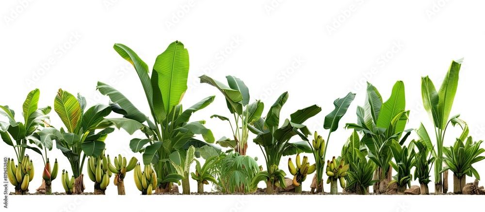 Poster collection of banana trees isolated on white background for garden design with copy space image econ