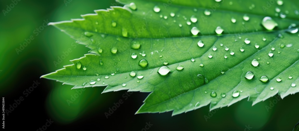 Aufkleber macro image of a green leaf with water droplets on it creating a natural eco friendly background wit