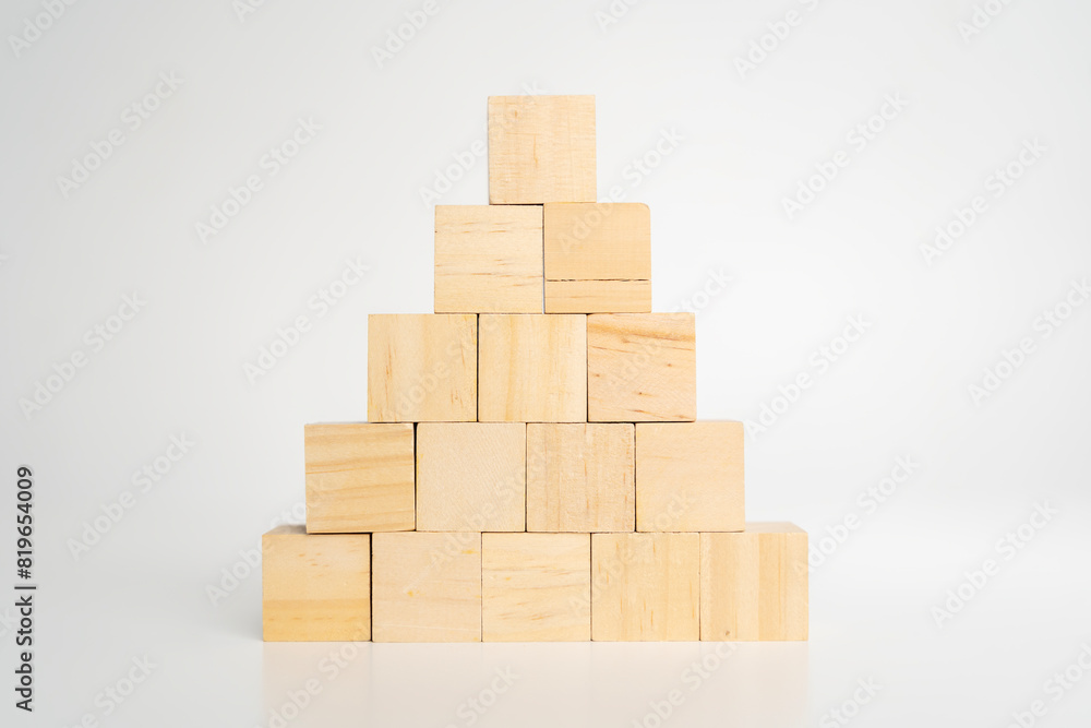 Poster empty blank wooden cube blocks build pyramid shape with the big one on top.