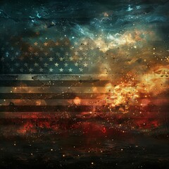 Abstract American flag with fiery and cosmic elements, blending patriotism with a sense of exploration and dynamic energy.