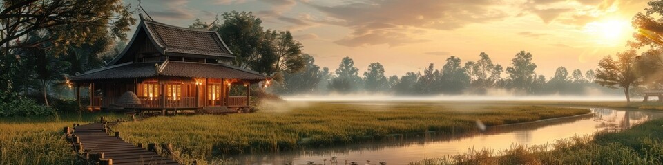 Traditional TwoStory Farmhouse Surrounded by Peaceful Rice Paddies at Dusk