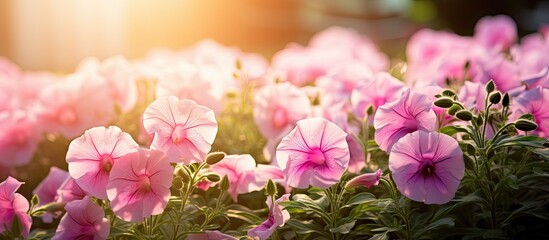Petunias in the garden under sunlight wave with elegance creating a beautiful sight Copy space image can focus on their pink hues