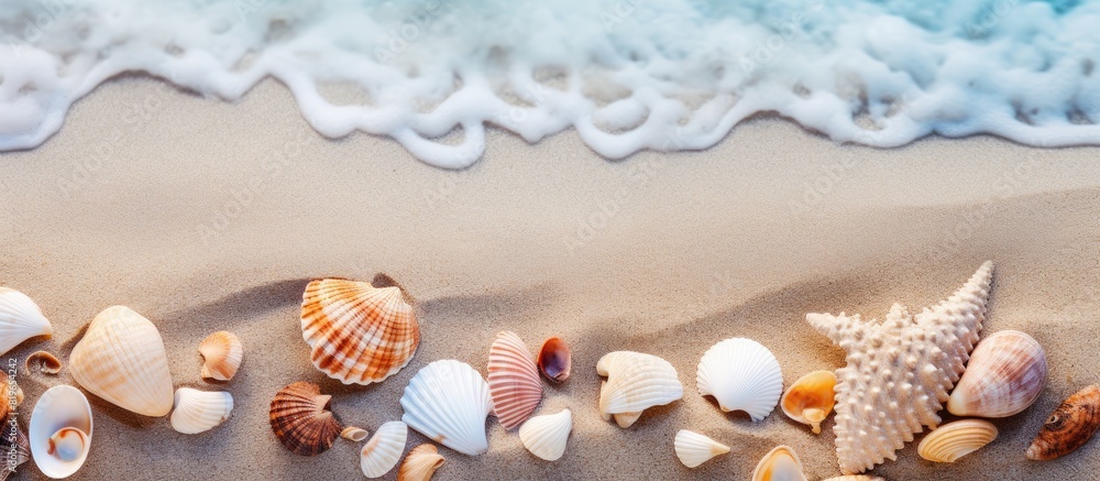 Poster assorted sea shells scattered on the sandy beach with a copy space image