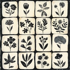 A vintage-inspired black and white floral pattern with 16 distinct flower designs in square tiles.