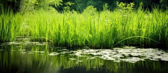 Obraz premium In summer the swampy terrain is teeming with towering reeds featuring lush green leaves providing an ideal setting for a copy space image