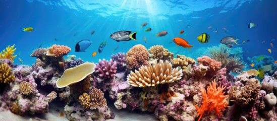 Fototapeta na wymiar Red Sea coral reef scene with abundant marine life and colorful corals ideal for a copy space image