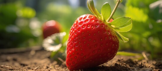 An up close view of a ripe red strawberry in its natural environment with copy space image available