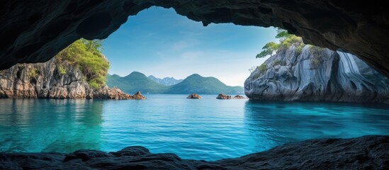 Scenic view of a turquoise lake framed by a cave with available copy space image - Powered by Adobe