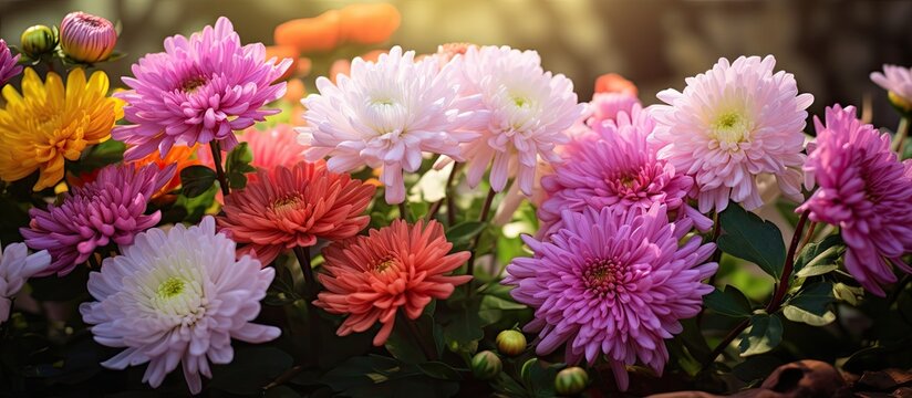 Benjamas flowers in the garden with beautiful chrysanthemums mums and chrysanths with a copy space image