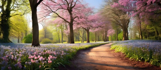 Scenic woodland landscapes decorated with vibrant spring flowers create a picturesque setting ideal for a serene walk or a nature themed copy space image