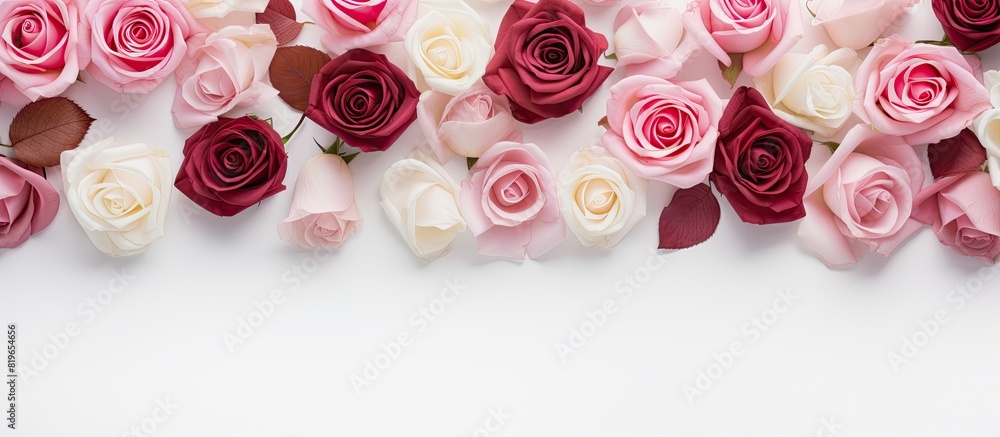 Poster top view mockup showcasing a floral pattern of roses on a white background with ample copy space ima